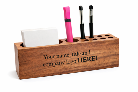 Wooden pen and pencil organizer which can be custom engraved with someone's name, job title and/or company logo.
