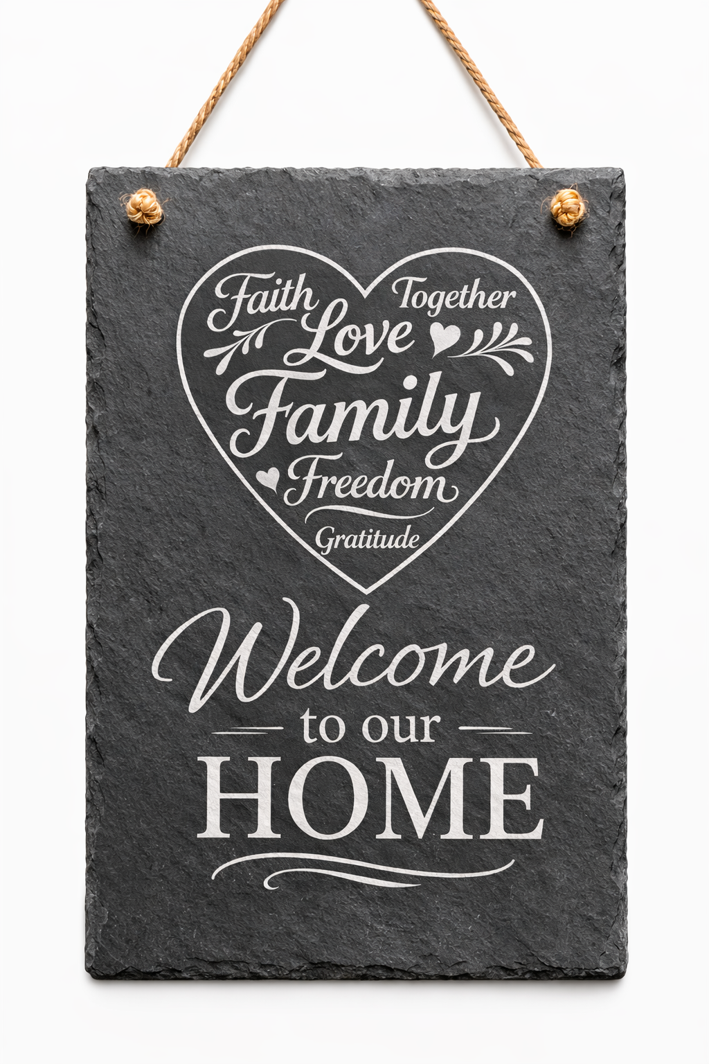 Portrait-oriented slate sign engraved with the words "Welcome to our home" and a heart image that contains words within it such as "Family", "Faith" and "Love".