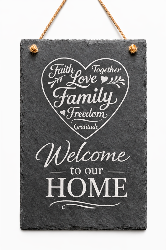 Portrait-oriented slate sign engraved with the words "Welcome to our home" and a heart image that contains words within it such as "Family", "Faith" and "Love".